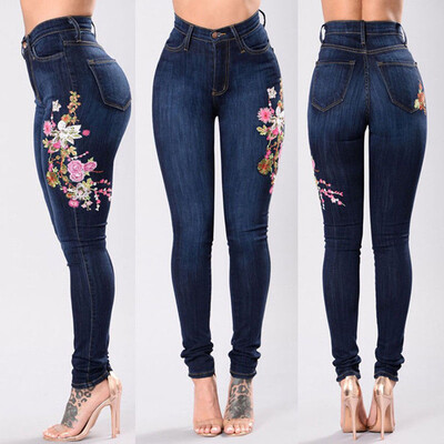 

〖Follure〗Fashion Women Embroidered Button Pocket High Waist Denim Pants Skinny Slim Jeans