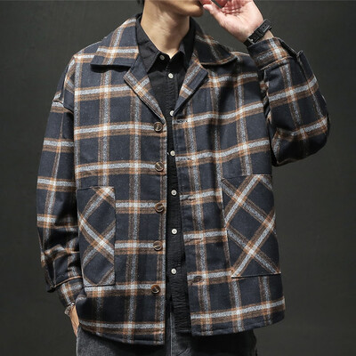 

Toponeto Mens New Winter Style Retro Checked Blouse Large Checked Sweater Coat Blouse