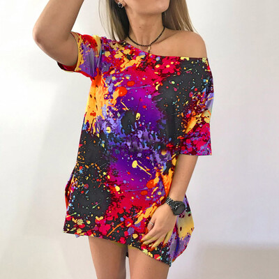 

Starmoon Women T-shirt Short Sleeve Skew Collar Tie Dyeing Printed Casual Long Blouse