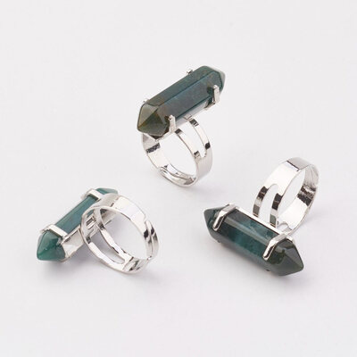 

Natural Moss Agate Finger Rings with Iron Ring Finding Platinum Bullet Size 8 18mm