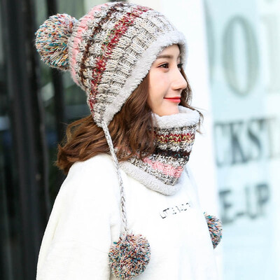 

New Fashion Women Girls Thicken Crochet Winter Warm Hats Scarf set Outdoor Ski Wool Beanie Caps