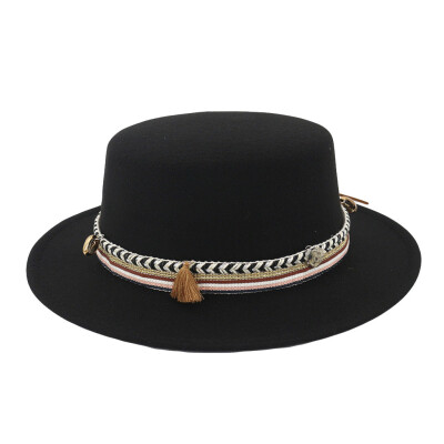 

Tailored Women Wide Brim Wool Belt Felt Flat Top Fedora Hat Party Church Trilby Hats Cap