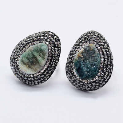 

Electroplated Natural Druzy Quartz Finger Rings with Polymer Clay Czech Rhinestone&Brass Findings Lead Free & Cadmium Free