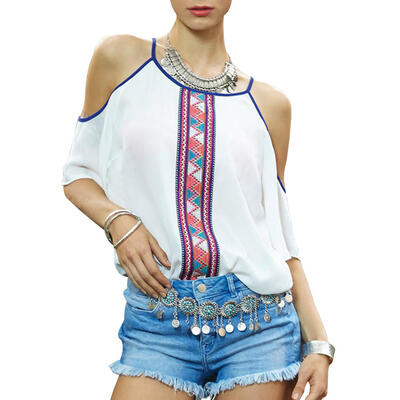 

Women T-Shirts Short Sleeve Off Shoulder Print Chiffon Summer Fashion Tees