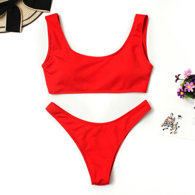 

Roseonmyhand Womens Fashion Stripe Solid Color Cute Split Swimsuit Beachwear Bikini