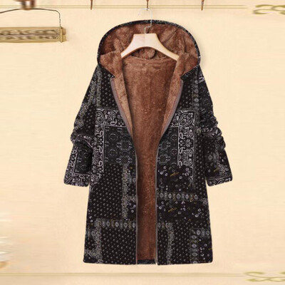

Toponeto Plus Size Women Winter Warm Printed Pockets Thicker Zipper Hooded Coat Outwear