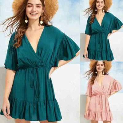 

Women Boho Short Mini Dress Summer Beach Evening Cocktail Party Floral Sundress