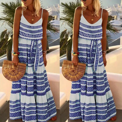 

Women Summer Boho Loose Beach Party Off-the-shoulder Long Maxi Dress Kaftan Print Full Length Shirt Dress Sundress Plus Size