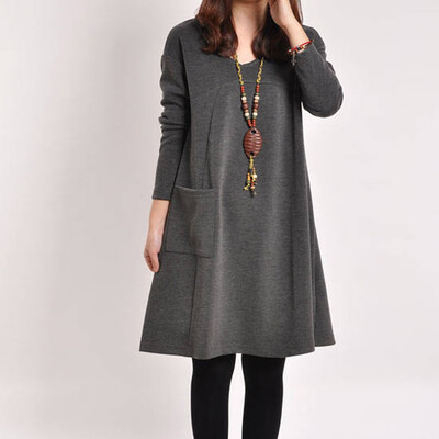 

Tailored Women Fashion Casual Solid V-neck Loose Pocket Dress Long Sleeve Loose Dress