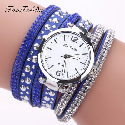 

FanTeeDa Multi Layers Women Quartz Bracelet Watch PU Leather Weave Wrap Crystal Wristwatch Jewelry Gifts 533