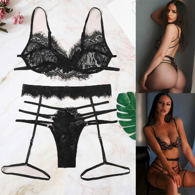 

Gobestart Women Sexy Lace Lingerie Set Plus Size Bra Hollow Thong Garter Underwear Set