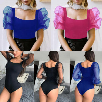 

UK Women Sexy Mesh Stitching Bodysuit Tops Leotard Jumpsuit Romper Tops Summer