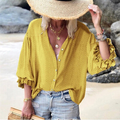 

Women Autumn V Collar Loose Long Sleeve Blouse Casual T-Shirt Tops