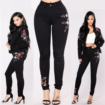 

〖Follure〗Women High Waist Floral Pencil Jeans Trousers Ladies Embroidered Denim Pants