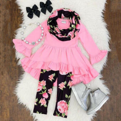 

US Toddler Kid Baby Girl Ruffled Outfit Clothes Dress Tops Floral Leggings Pants