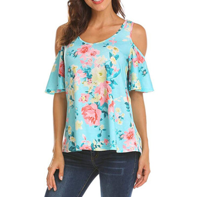 

Starmoon Womens Floral Printed Cut Out Shoulder Short Sleeve T Shirt Tops Blouse