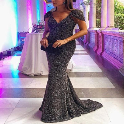 

Glitter Deep V-neck Tailing Solid Backless Fit Evening Dress