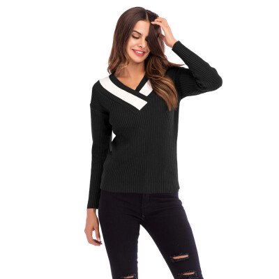 

Gobestart Women Colorblock V Neck Long Sleeve Knitted Sweater Jumper Pullover Top Blouse