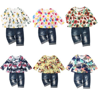 

2PCS Kid Baby Girl Flower Tops BlouseJeans Denim Pants Winter Clothes Outfit US