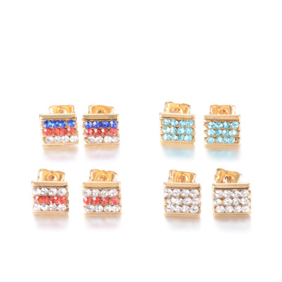 

304 Stainless Steel Rhinestone Stud Earrings Square Golden Mixed Color 9x85x2mm Pin 08mm 3pairscard