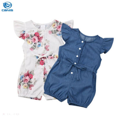 

UK Canis Baby Girl Kid Fly Sleeve Jumpsuit FlowerDenim Ruffle Romper Outfit Set