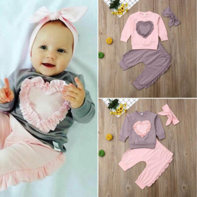 

US Toddler Baby Girl Kid Long Sleeve Cotton Headband Love Shape Clothes Set 3pcs