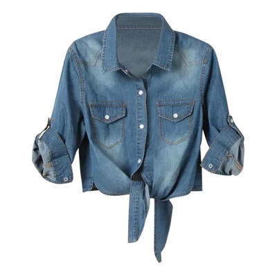 

Women Roll Up Sleeves Fashion Crop Tops Slim Fit Button-Down Denim Shirts