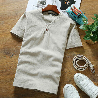 

Fashion Mens T Shirt Short Sleeve Linen Shirts Casual Breathable Soft V Neck Top