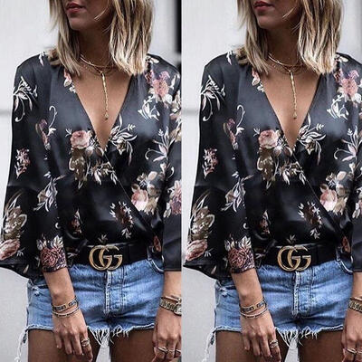 

Womens V-neck Tops Loose Long Sleeve T-Shirt Casual Blouse Chiffon Summer Shirts
