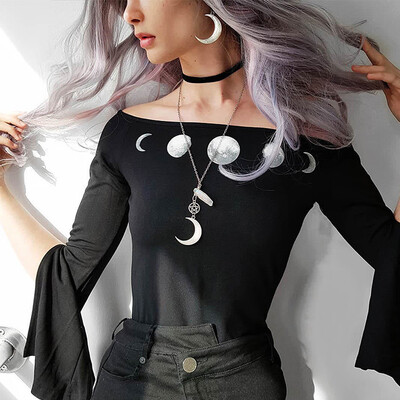 

Starmoon Women Gothic Punk Black Retro Off Shoulder Moon Print Playsuit Party Jumpsuit