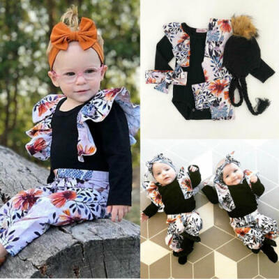 

US Infant Baby Girl Kid Fly-Sleeve Top Printed Trousers Headwear Clothes Set