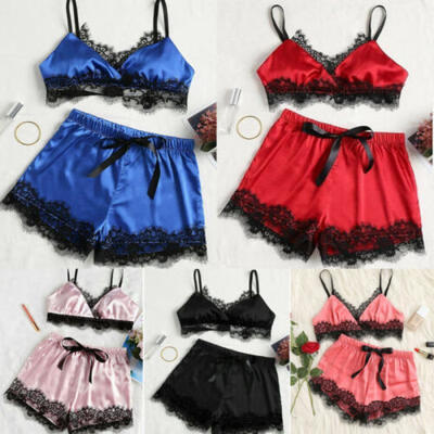 

Women Satin Lace Mesh Sleepwear Babydoll Lingerie Nightwear Shorts Pjs Pyjamas