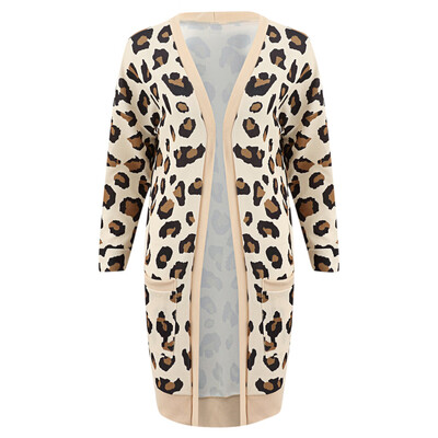 

Women Long Sleeves Leopard Print Knitting Sweater Open Front Cardigan