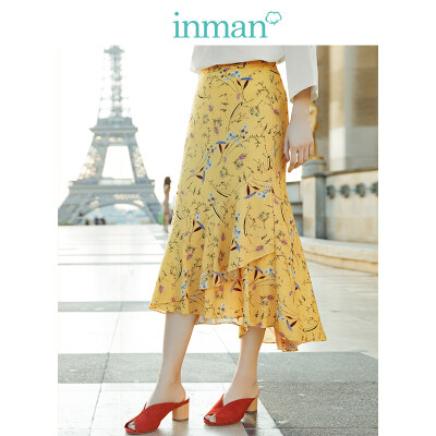 

INMAN 2019 spring new high waist was thin literary floral retro holiday wind casual A word half length skirt female 1891111494 yellow M