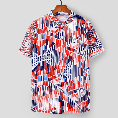 

Tailored Mens Ethnic Printed Stand Collar Colorful Stripe Short Sleeve Loose Shirt