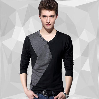 

Mens Patchwork V-Neck Cotton T Shirt Simple Stitching Design Casual Fashion Slim Long Sleeve Shirts