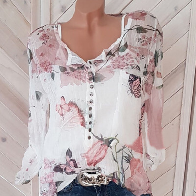 

Womens Fashion Casual Long Sleeve V-Neck Chiffon Floral Printed Loose Blouse Shirt