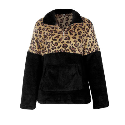 

Women Coat Autumn Stylish Personality All-match Color-blocked Leopard Printed Long Sleeve Zipper Winter Coat Soft Jacket Female