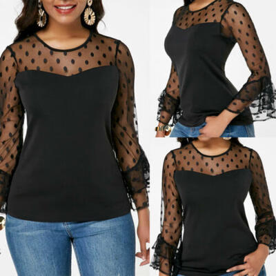

Fashion Women Long Sleeve Shirt Hollow out Lace Blouse Casual Tee Top 2019
