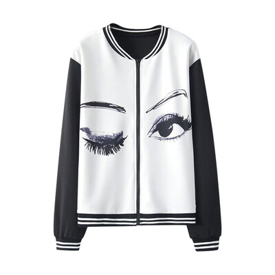 

Toponeto Women Long Sleeve O-Neck Eye Print Zipper Pockets Casual Sport Coat