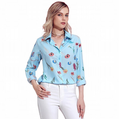 

Suit collar single-breasted long-sleeved printed blouse loose business white-collar shirt