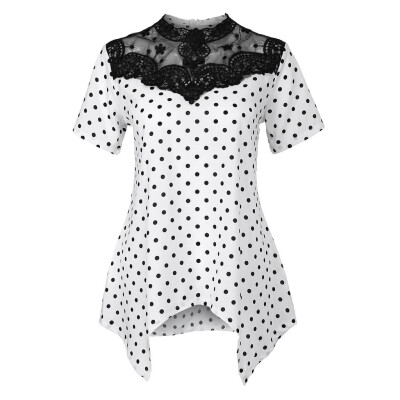 

Roseonmyhand Plus Size Fashion Women Polka Dot Printed Lace Short Sleeve O-Neck Tops Blouse
