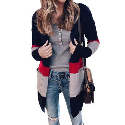 

2019 Women Fashion Personality Contrast color With pocket Slim fit Medium&long section Sweater cardigan