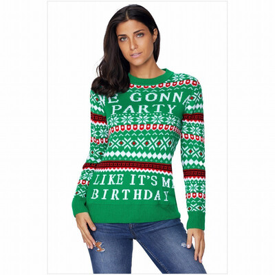 

Round neck long sleeve letter print pullover wool casual sweater