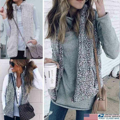 

US STOCK Womens Flannel Vest Warm Outwear Casual Faux Fur Zip Up Sherpa Jacket
