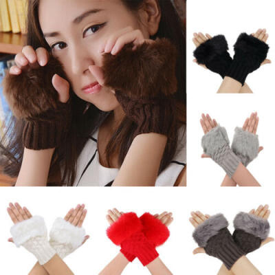 

Knitted Winter Mittens Warmer Women Fingerless Wrist Gloves Faux Rabbit Fur