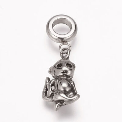 

304 Stainless Steel European Dangle Beads Large Hole Pendants Antique Silver Chinese Zodiac Monkey 2530mm