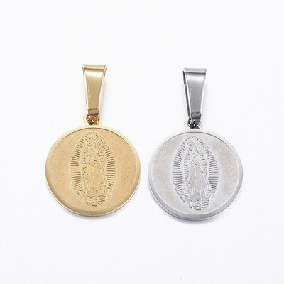 

304 Stainless Steel Pendants Flat Round with Virgin Mary Mixed Color 17x15x1mm Hole 8x4mm