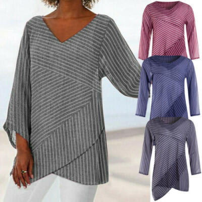 

US Womens Linen Striped V Neck Blouses Loose Baggy Tops Tunic T Shirts Plus Size