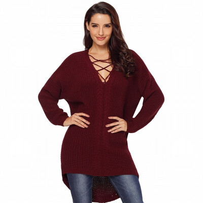 

V-neck cross with long sleeve ribbed knit sweater